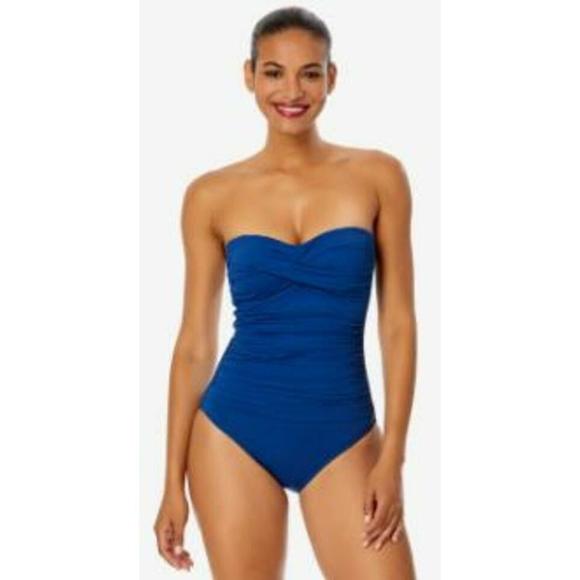 Anne Cole Twist-Front Blue Ruched One-Piece Swimsuit 10